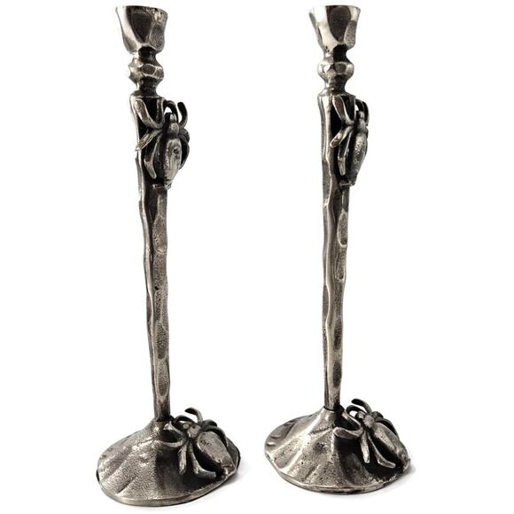Gothic Halloween Spider Candle Holder Pair Black Metal Spooky Taper Candle Decor - Picture 5 of 12